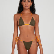 Saltynips' Alysia Esra: top-selling khaki & orange micro string bikini. Adjustable, chic, and perfect for any beach day.