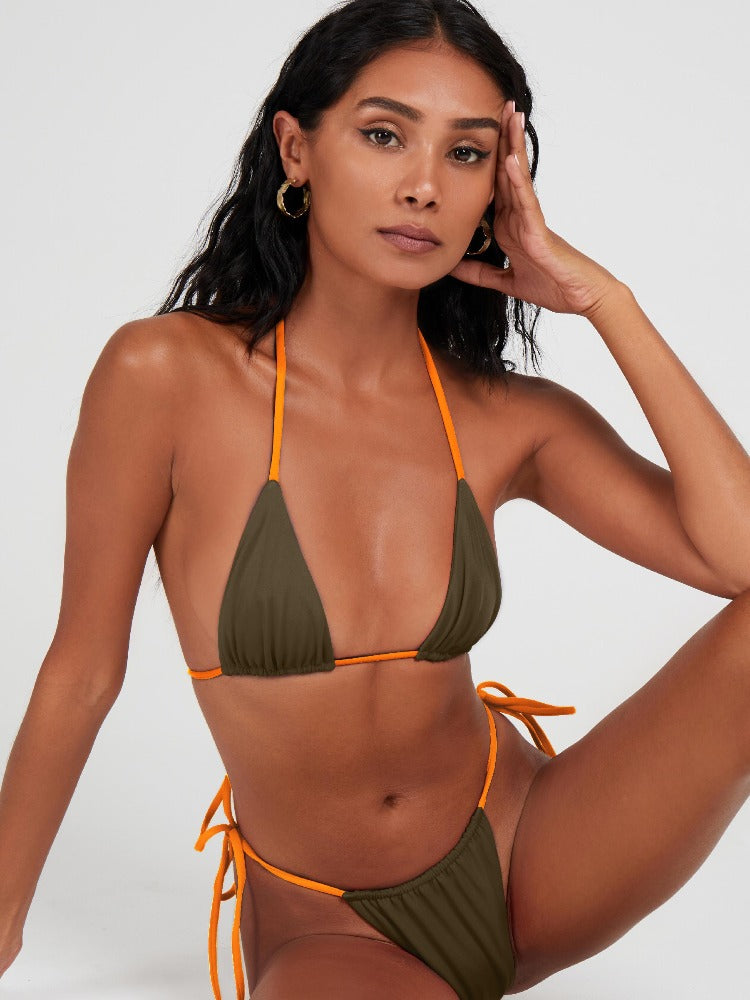 Saltynips' Alysia Esra: top-selling khaki & orange micro string bikini. Adjustable, chic, and perfect for any beach day.