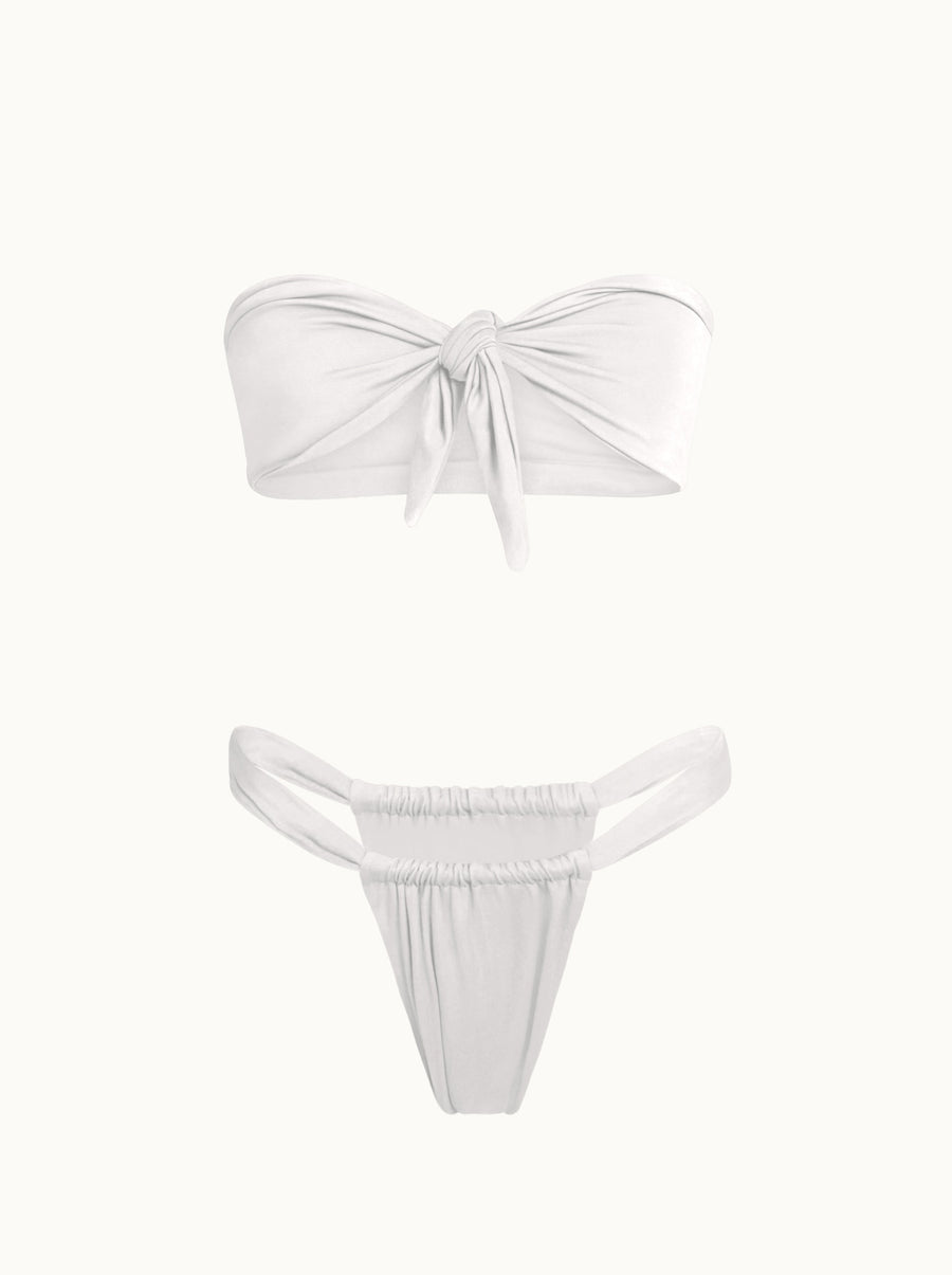 Salty Nips' Aria Bandeau in Ecru: a chic front-tie bikini with Brazilian bottoms. Adjustable, hand-finished, ensuring style and comfort for the summer.
