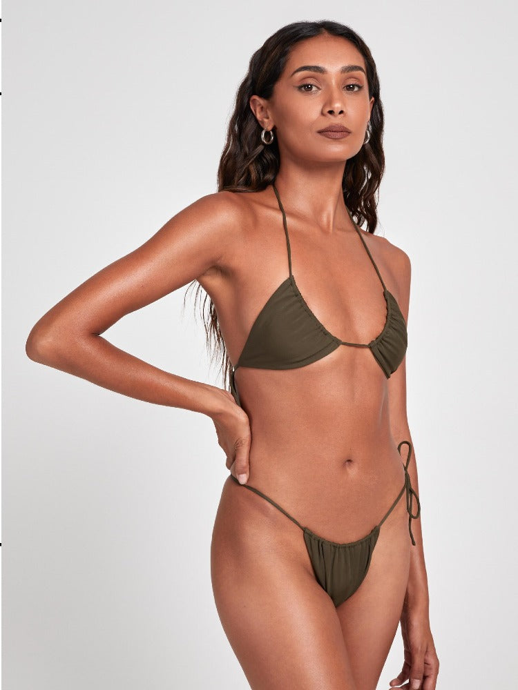 Salty Nips' Amaria Micro Bikini in Khaki: a strikingly small design with an asymmetrical cut. Fully adjustable for beach and day club allure.