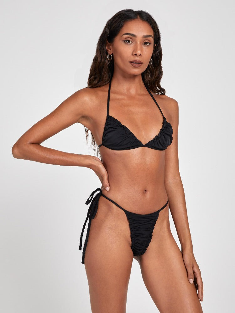 Salty Nips' Ana Ruched Micro Bikini in Onyx: the latest trend in beachwear. Fully adjustable, with panel ruching for perfect beach club style and comfort.