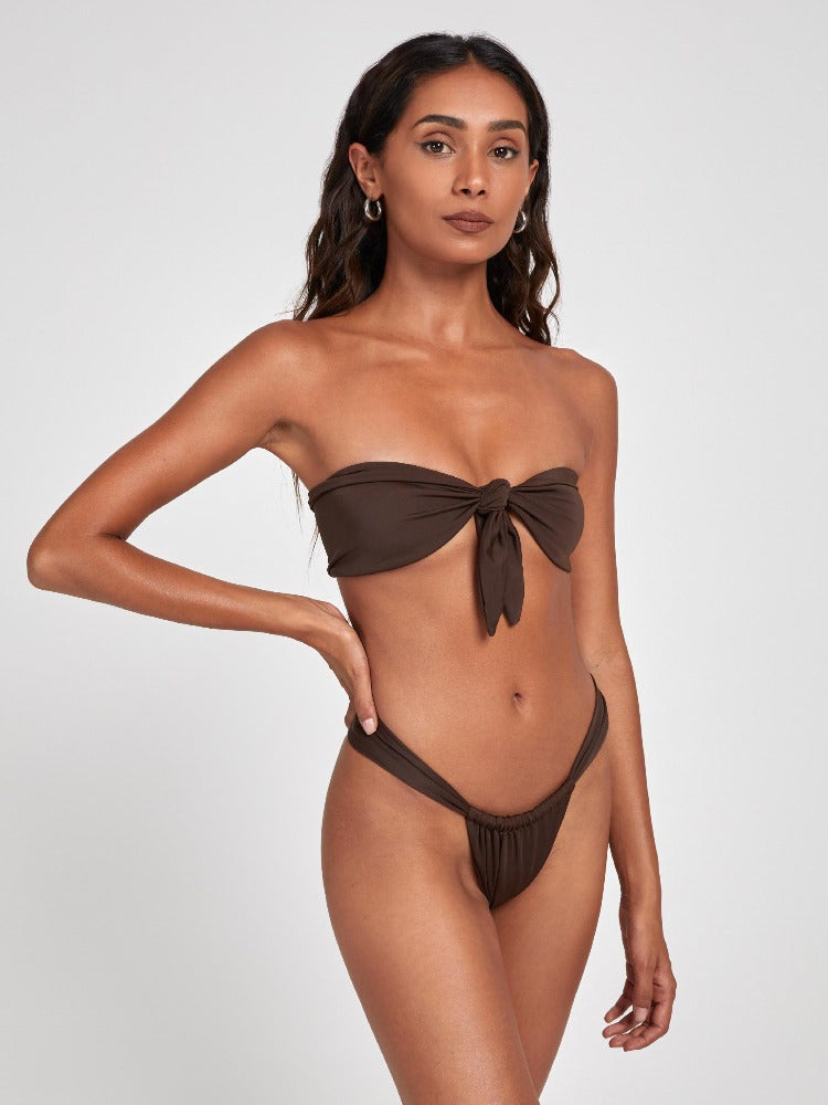 Salty Nips' Aria Bandeau in Coco: a front-tie bikini with Brazilian bottoms. Supportive, stretchy, and designed to minimize tan lines.