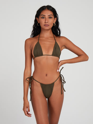 SaltyNips' Khaki Green Micro Bikini: A top-seller with adjustable, ruched design. Hand-finished, soft, and seamless for perfect beach days.