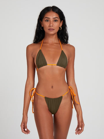 Saltynips' Alysia Esra: top-selling khaki & orange micro string bikini. Adjustable, chic, and perfect for any beach day.