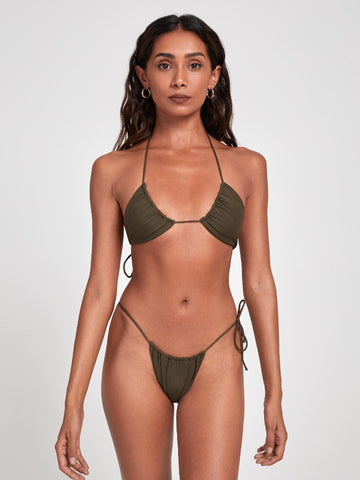 Salty Nips' Amaria Micro Bikini in Khaki: a strikingly small design with an asymmetrical cut. Fully adjustable for beach and day club allure.